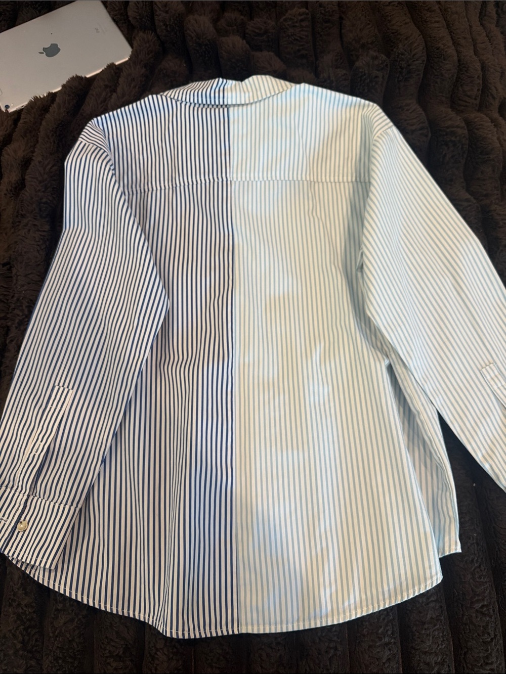 DONNI. Two-Tone Vertical Stripe Button-Down Shirt - Light Blue & Navy - Picture 6 of 6